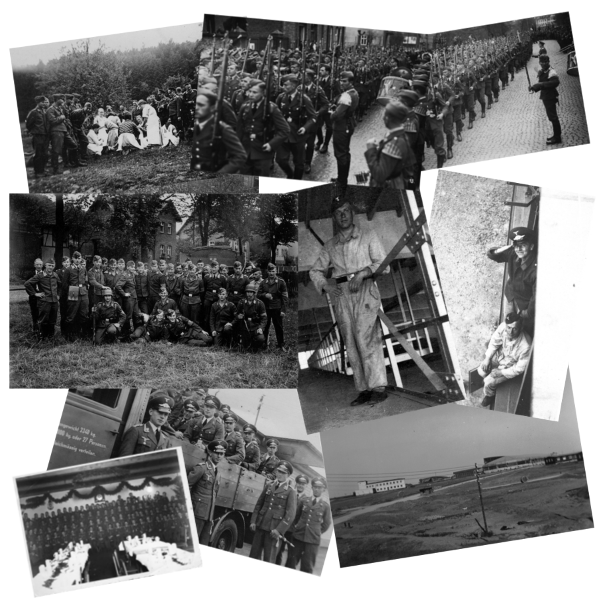 Eindrücke von der Fliegerschule Erfurt-Bindersleben - Bilder unten rechts zeigen die Wartungshallen sowie Egon Stoll-Berberich und einen Kameraden auf der Wartungshalle und in Arbeitsmontur; Bild unten links zeigt die Sylvesterfeier 1935/1936, die restlichen Bilder die Anreise und einen Aufmarsch in Eschwege