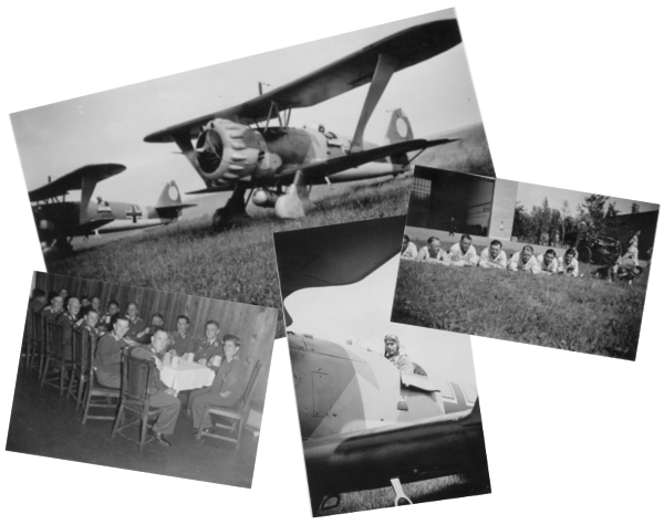 Eindrücke aus Lechfeld 1938, Egon Stoll-Berberich mit seiner Henschel 123 A, Kameraden auf der Wiese vor den Wartungshallen in Lechfeld sowie ein geselleiges Zusammensein mit den Kameraden